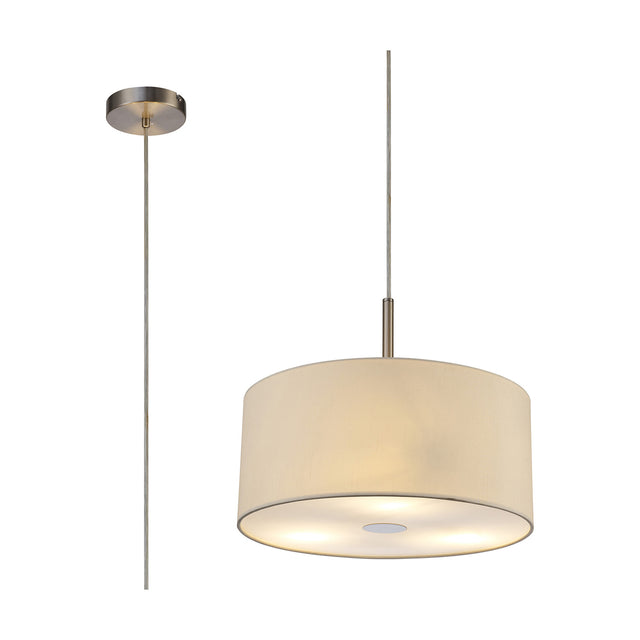 Baymont 3 Light Pendant with 40cm ivory pearl faux silk drum shade, frosted acrylic diffuser and satin nickel fittings, shown with rod suspension on a plain white background.