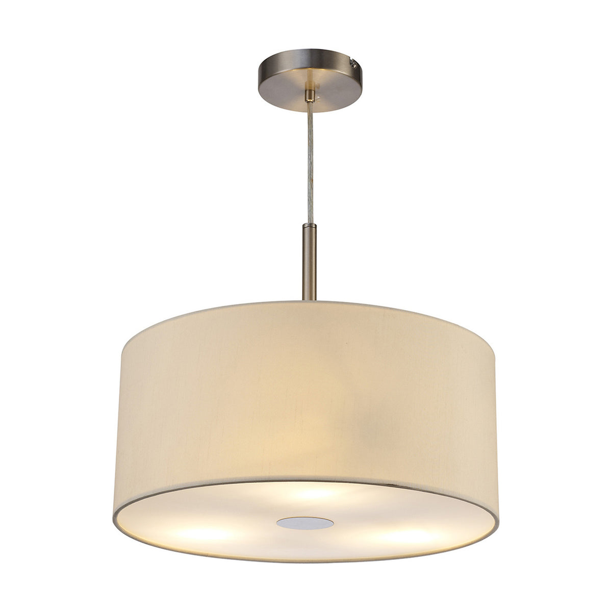 Baymont 3 Light Pendant in ivory pearl faux silk, 40cm drum shade with frosted acrylic diffuser, satin nickel rod and ceiling mount, shown lit on a white background.