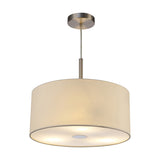 Baymont 3 Light Pendant in ivory pearl faux silk, 40cm drum shade with frosted acrylic diffuser, satin nickel rod and ceiling mount, shown lit on a white background.