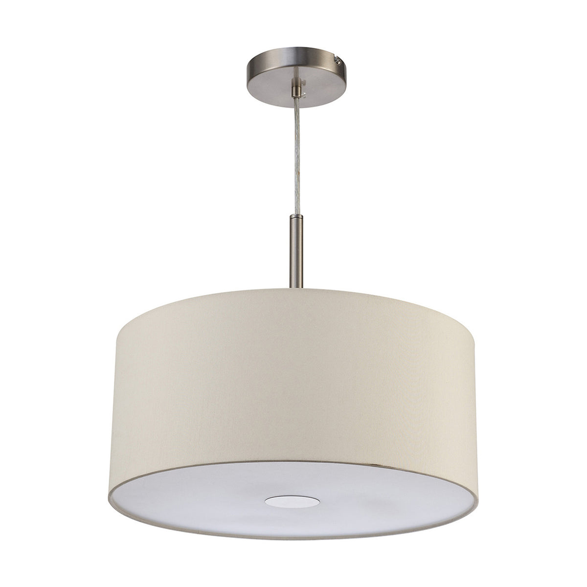 Baymont 3 Light Pendant with a 40cm ivory pearl drum shade, frosted acrylic diffuser, and satin nickel ceiling mount, shown on a plain white background.