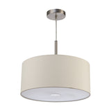 Baymont 3 Light Pendant with a 40cm ivory pearl drum shade, frosted acrylic diffuser, and satin nickel ceiling mount, shown on a plain white background.
