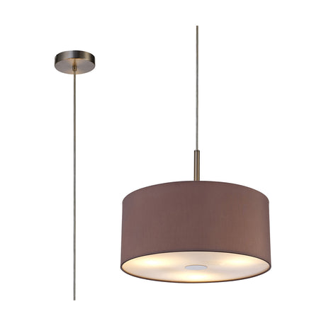 Baymont 3 Light Faux Silk Pendant Light, 40cm taupe drum shade with frosted acrylic diffuser, satin nickel ceiling plate and rods, shown against a plain white background.