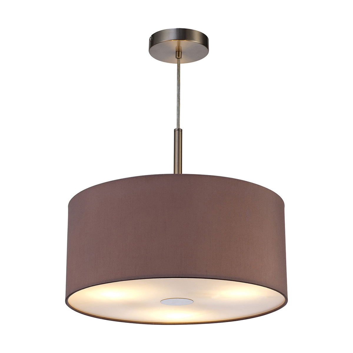 Baymont 3 Light Faux Silk Pendant Light, 40cm taupe drum shade with frosted acrylic diffuser and satin nickel ceiling plate and rods, shown lit against a plain white background.