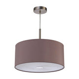 Baymont 3 Light Faux Silk Pendant Light, 40cm taupe drum shade with white acrylic diffuser and satin nickel ceiling plate and rod, shown on a plain white background.