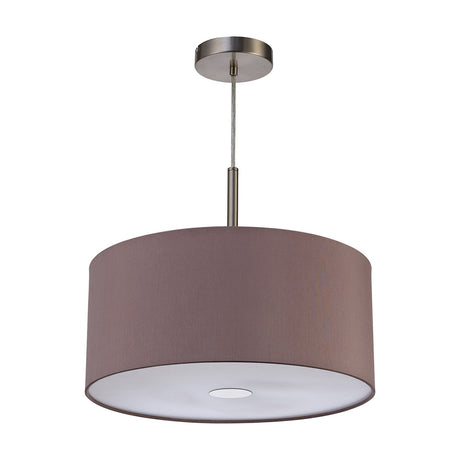 Baymont 3 Light Faux Silk Pendant Light, 40cm taupe drum shade with white acrylic diffuser and satin nickel ceiling plate and rod, shown on a plain white background.