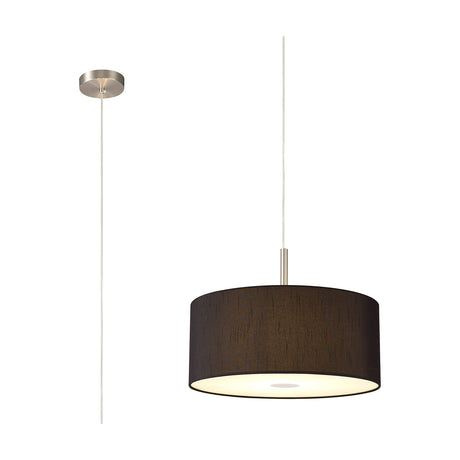 Baymont 3 Light Faux Silk Pendant Light, 40cm black drum shade with white diffuser and satin nickel ceiling plate and suspension, shown on a plain white background.