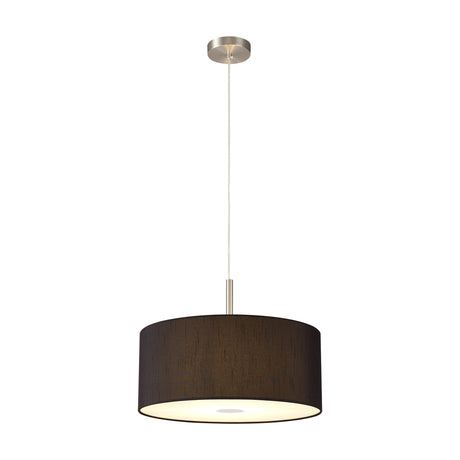 Baymont 3 Light pendant light with a 40cm black faux silk drum shade, satin nickel suspension and ceiling plate, and frosted acrylic diffuser, shown against a plain white background.