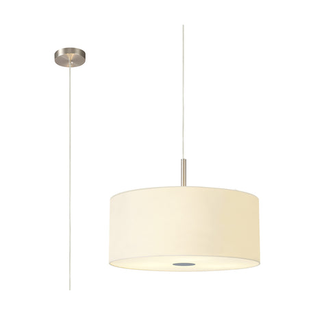 Baymont 3 Light E27 Pendant Light 50cm in ivory pearl fabric with satin nickel suspension and ceiling rose, frosted acrylic diffuser beneath, shown on a plain white background.