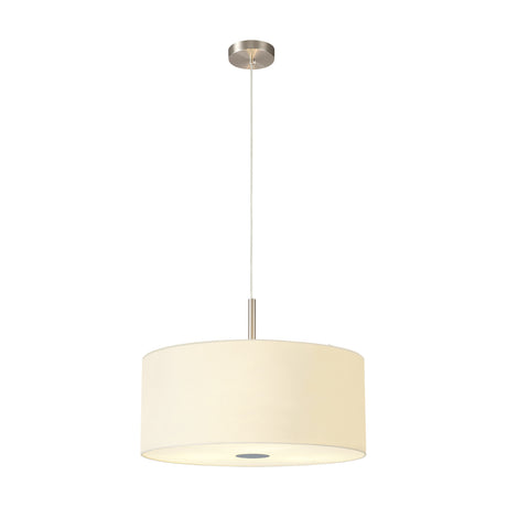 Baymont 3 Light E27 Pendant Light, 50cm wide ivory pearl fabric drum shade with frosted acrylic diffuser and satin nickel suspension, shown on a plain white background.