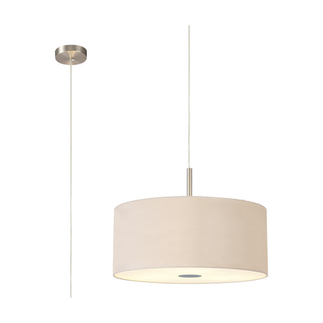 Baymont 3 Light E27 Pendant Light 50cm in nude beige fabric with satin nickel ceiling plate and frosted diffuser, shown with rod suspension on a white background.