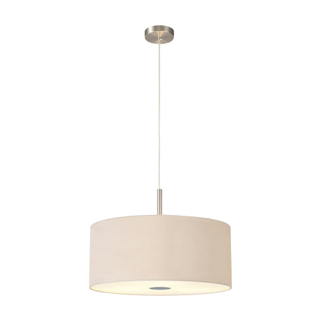 Baymont 3 Light E27 pendant light with a 50cm nude beige fabric drum shade, satin nickel ceiling plate and frosted acrylic diffuser, shown on a plain white background.