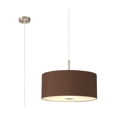 Baymont 3 Light E27 pendant light with a 50cm raw cocoa drum shade and frosted acrylic diffuser, satin nickel suspension and ceiling plate, shown on a plain white background.