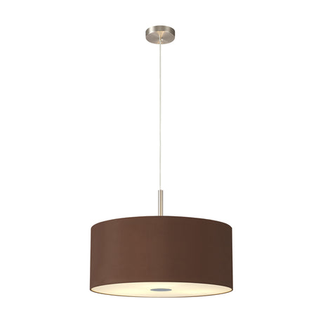 Baymont 3 Light E27 pendant light with a 50cm raw cocoa fabric drum shade, frosted acrylic diffuser, and satin nickel suspension and ceiling plate, shown on a plain white background.