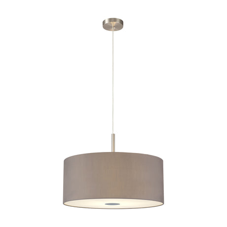 Baymont 3 Light E27 Pendant Light in grey with a wide drum shade, frosted acrylic diffuser, and satin nickel fittings, shown on a plain white background.