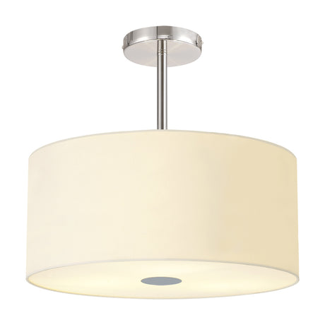 Baymont 5 Light E27 Semi Flush Ceiling Light in polished chrome, with a wide ivory fabric drum shade and frosted diffuser, shown on a plain white background.