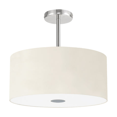 Baymont 5 Light E27 Semi-Flush Ceiling Light with polished chrome fitting and wide ivory fabric drum shade, frosted acrylic diffuser, shown on a plain white background.