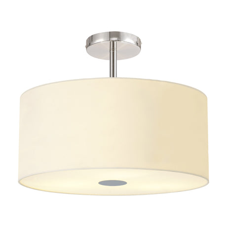 Baymont 5 Light Flush Ceiling Light in Ivory Pearl with polished chrome fittings, drum-shaped faux silk shade and frosted acrylic diffuser, shown on a white background.