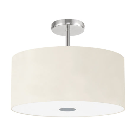 Baymont 5-light semi-flush ceiling light with an ivory pearl faux silk drum shade, frosted acrylic diffuser and polished chrome fittings, shown on a white background.