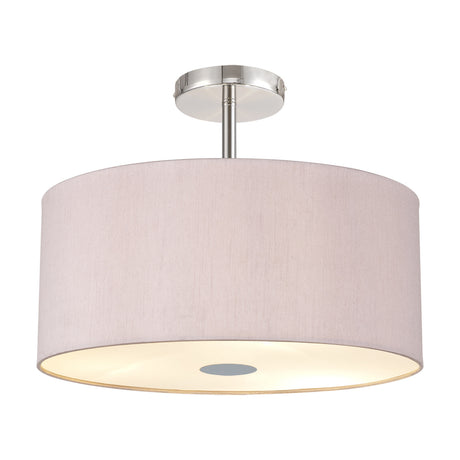 Baymont 5 Light Flush Ceiling Light, a 40cm taupe fabric drum shade with polished chrome ceiling mount and diffused underside glow, shown on a plain white background.