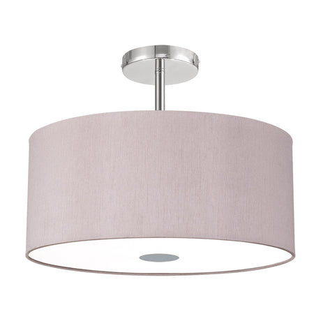 Baymont 5 Light Flush Ceiling Light, 40cm taupe fabric drum shade with polished chrome ceiling mount and diffuser, shown on a plain white background.