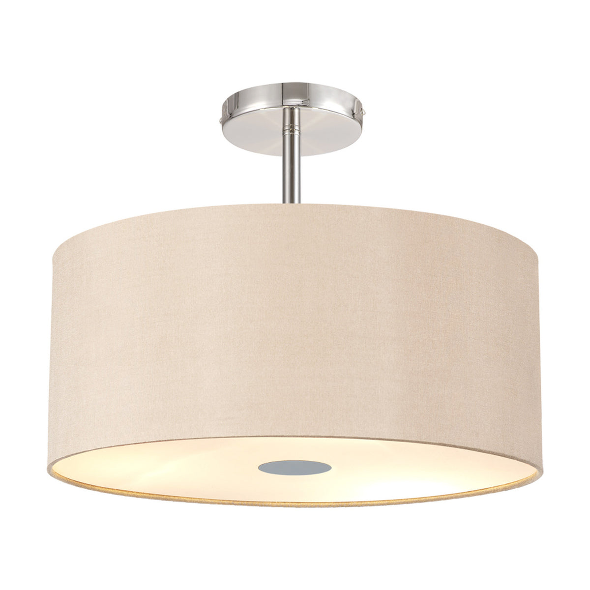 Baymont 5 Light Flush Ceiling Light, 40cm drum-style fabric shade in cream with a frosted diffuser and central disc, polished chrome ceiling mount, shown on a plain white background.