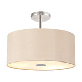 Baymont 5 Light Flush Ceiling Light, 40cm drum-style fabric shade in cream with a frosted diffuser and central disc, polished chrome ceiling mount, shown on a plain white background.