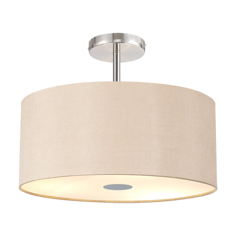 Baymont 5 Light Flush Ceiling Light, 40cm drum-style fabric shade in cream with a frosted diffuser and central disc, polished chrome ceiling mount, shown on a plain white background.
