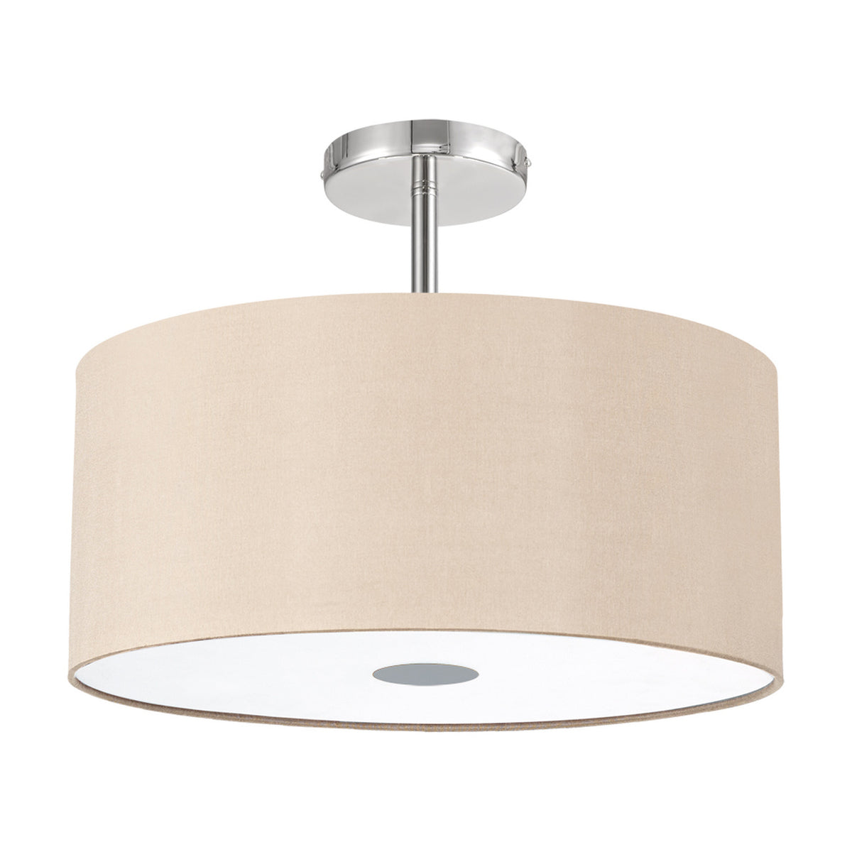 Baymont 5 Light Flush Ceiling Light, 40cm drum shade in beige fabric with white diffuser and frosted centre disc, polished chrome ceiling mount, shown on a plain white background.