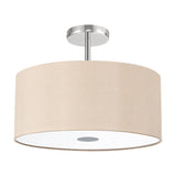 Baymont 5 Light Flush Ceiling Light, 40cm drum shade in beige fabric with white diffuser and frosted centre disc, polished chrome ceiling mount, shown on a plain white background.