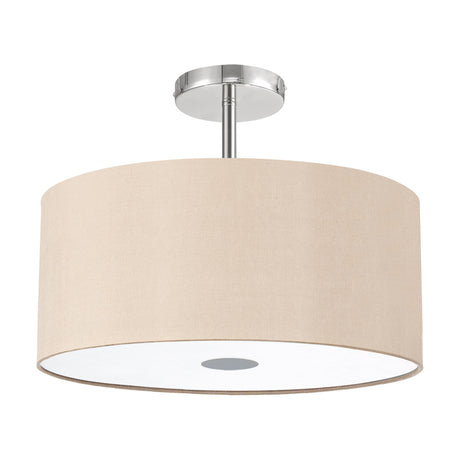 Baymont 5 Light Flush Ceiling Light, 40cm drum shade in beige fabric with white diffuser and frosted centre disc, polished chrome ceiling mount, shown on a plain white background.