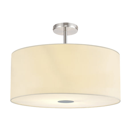 Baymont 5 Light E27 Flush Ceiling Light 60cm in Polished Chrome, a wide ivory drum shade with frosted diffuser on a short ceiling rod, shown on a plain white background.