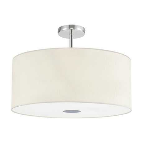 Baymont 5 Light E27 Flush Ceiling Light 60cm in polished chrome, with an ivory drum shade and frosted acrylic diffuser, shown on a plain white background.