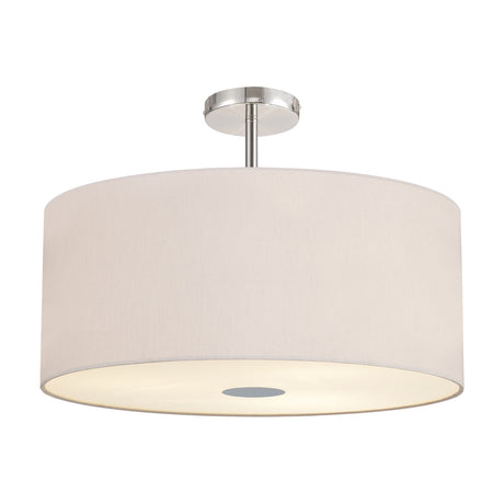 Baymont 5 Light Flush Ceiling Light in nude beige fabric with polished chrome ceiling mount and frosted acrylic diffuser, shown on a plain white background.