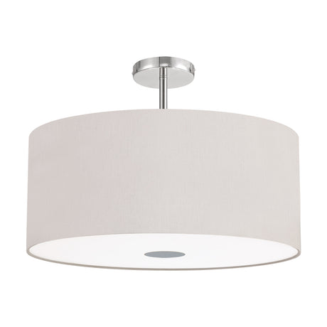Baymont 5 Light Flush Ceiling Light with a wide nude beige fabric drum shade, frosted acrylic diffuser, and polished chrome ceiling mount, shown on a plain white background.