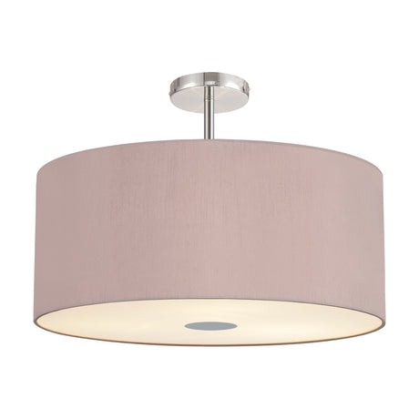 Baymont 5 Light Flush Ceiling Light, 60cm taupe faux silk drum shade with frosted acrylic diffuser and polished chrome fittings, on a plain white background.