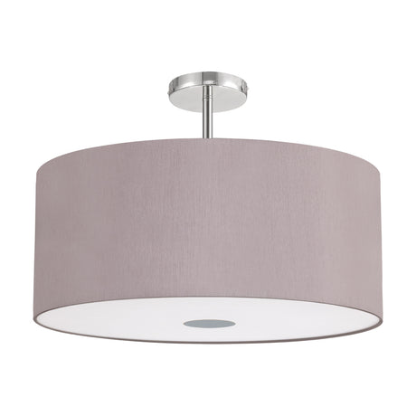 Baymont 5 Light Flush Ceiling Light 60cm in taupe fabric with a frosted acrylic diffuser and polished chrome fittings, shown on a plain white background.