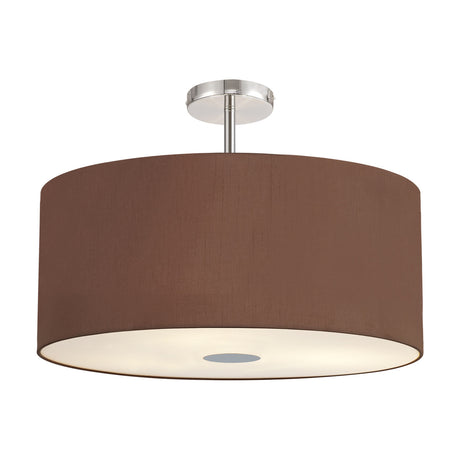 Baymont 5 Light flush ceiling light with a wide drum shade in raw cocoa faux silk, polished chrome ceiling mount, and frosted acrylic diffuser, shown on a white background.