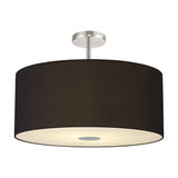 Baymont 60cm semi-flush ceiling light with a wide black drum shade, frosted acrylic diffuser, and polished chrome ceiling mount, shown on a plain white background.