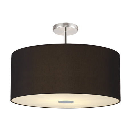 Baymont 60cm semi-flush ceiling light with a wide black drum shade, frosted acrylic diffuser, and polished chrome ceiling mount, shown on a plain white background.