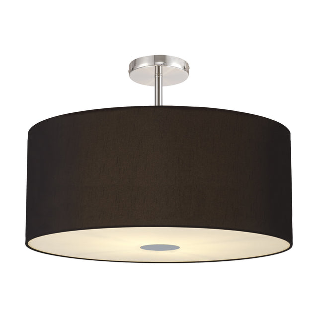 Baymont 60cm semi-flush ceiling light with a wide black drum shade, frosted acrylic diffuser, and polished chrome ceiling mount, shown on a plain white background.