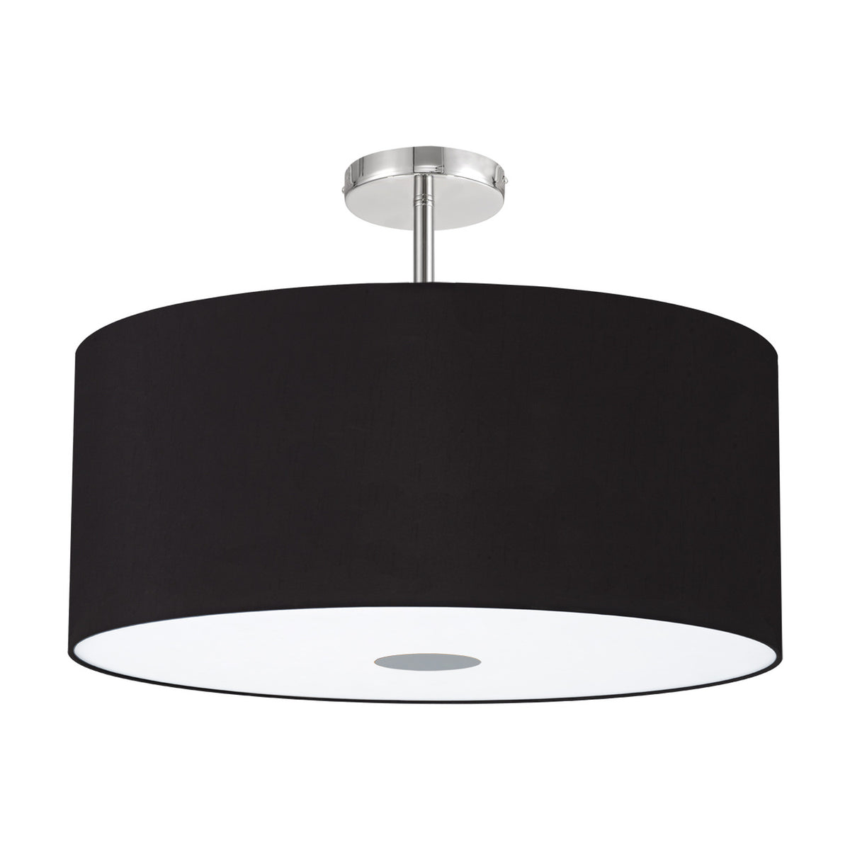 Baymont 60cm flush ceiling light with a black drum shade, frosted acrylic diffuser, and polished chrome fitting, shown on a plain white background.