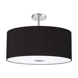 Baymont 60cm flush ceiling light with a black drum shade, frosted acrylic diffuser, and polished chrome fitting, shown on a plain white background.
