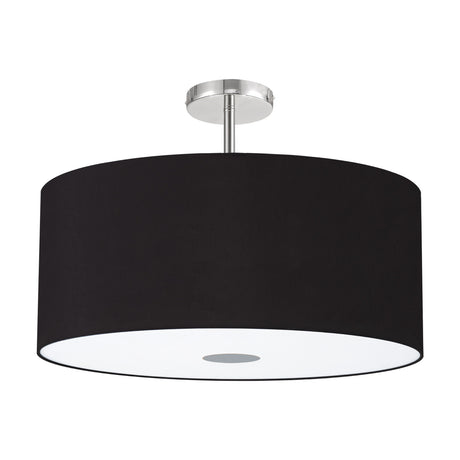 Baymont 60cm flush ceiling light with a black drum shade, frosted acrylic diffuser, and polished chrome fitting, shown on a plain white background.