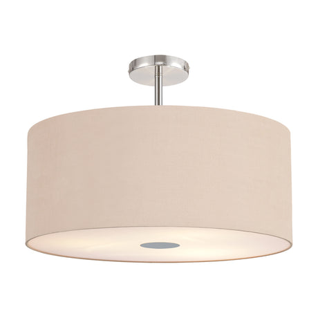 Baymont Flush Ceiling Light 60cm, a broad drum-shade fixture in cream fabric with a polished chrome ceiling mount and frosted diffuser base, shown on a plain white background.