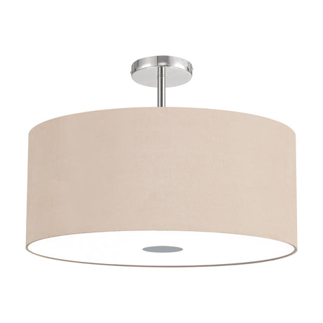 Baymont 60cm flush ceiling light with a beige drum fabric shade, polished chrome ceiling mount and centre diffuser disc, shown on a plain white background.