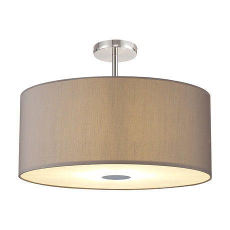 Baymont 5 Light Flush Ceiling Light, 60cm grey fabric drum shade with polished chrome mount and frosted diffuser base, shown on a white background.
