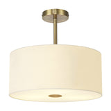 Baymont 5 Light Semi Flush ceiling light, 38cm, with an ivory fabric drum shade, antique brass ceiling mount and diffuser rim, shown on a white background.