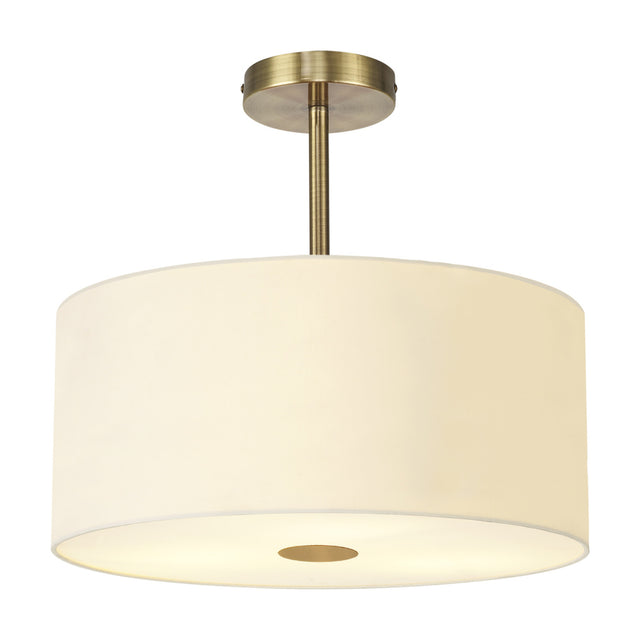 Baymont 5 Light Semi Flush ceiling light, 38cm, with an ivory fabric drum shade, antique brass ceiling mount and diffuser rim, shown on a white background.