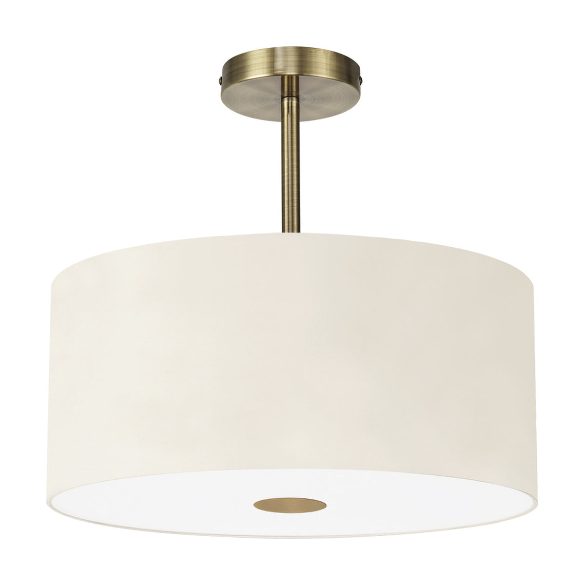 Baymont 5 Light Semi Flush ceiling light with an ivory drum shade and antique brass fittings, featuring a frosted diffuser and short ceiling rod, shown on a white background.