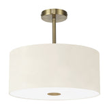 Baymont 5 Light Semi Flush ceiling light with an ivory drum shade and antique brass fittings, featuring a frosted diffuser and short ceiling rod, shown on a white background.